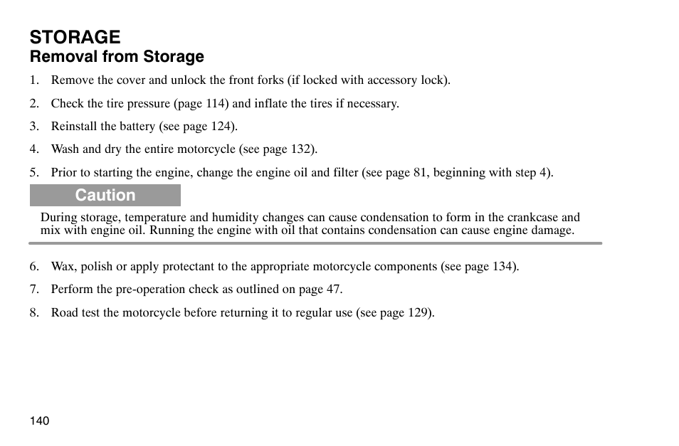 Storage, Removal from storage, Caution | Polaris 2004 Victory Kingpin User Manual | Page 142 / 162