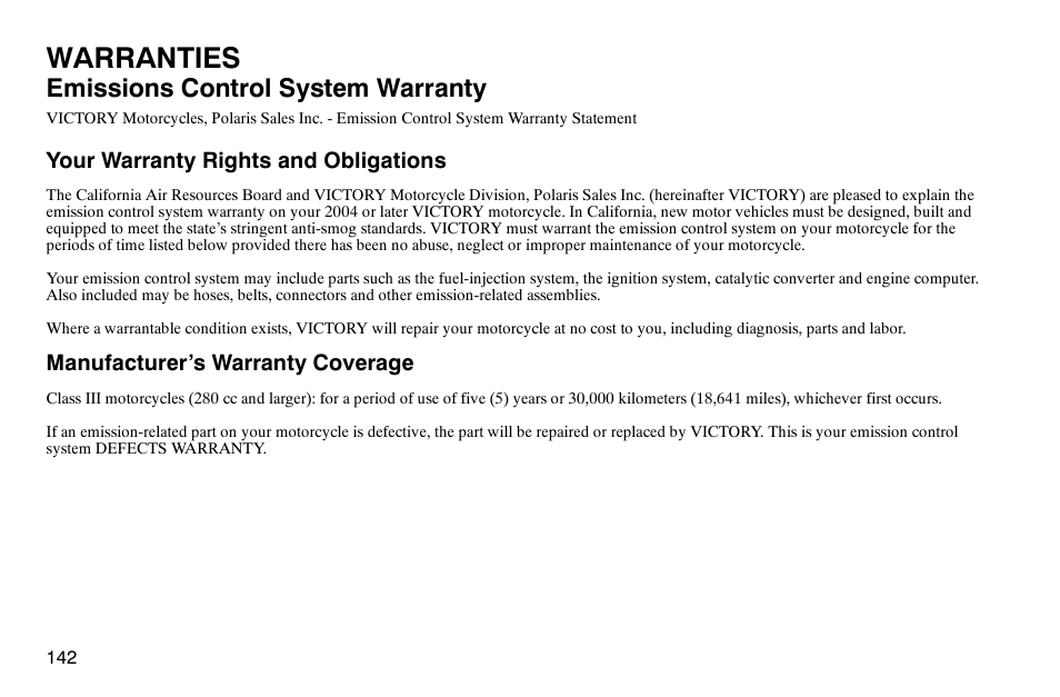 Warranties, Emissions control system warranty | Polaris 2004 Victory Kingpin User Manual | Page 144 / 162