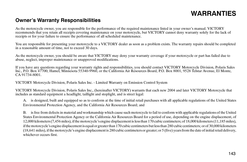 Warranties, Owner’s warranty responsibilities | Polaris 2004 Victory Kingpin User Manual | Page 145 / 162