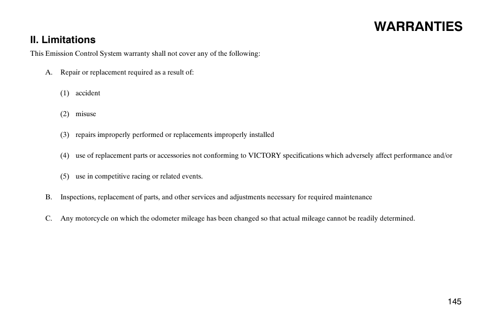 Warranties, Ii. limitations | Polaris 2004 Victory Kingpin User Manual | Page 147 / 162