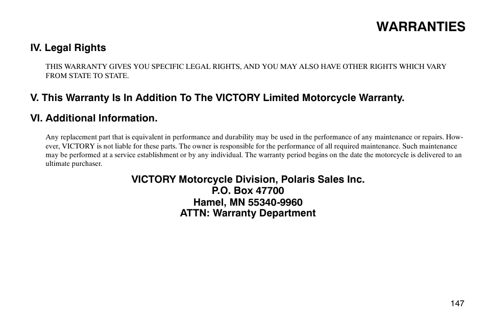 Warranties | Polaris 2004 Victory Kingpin User Manual | Page 149 / 162