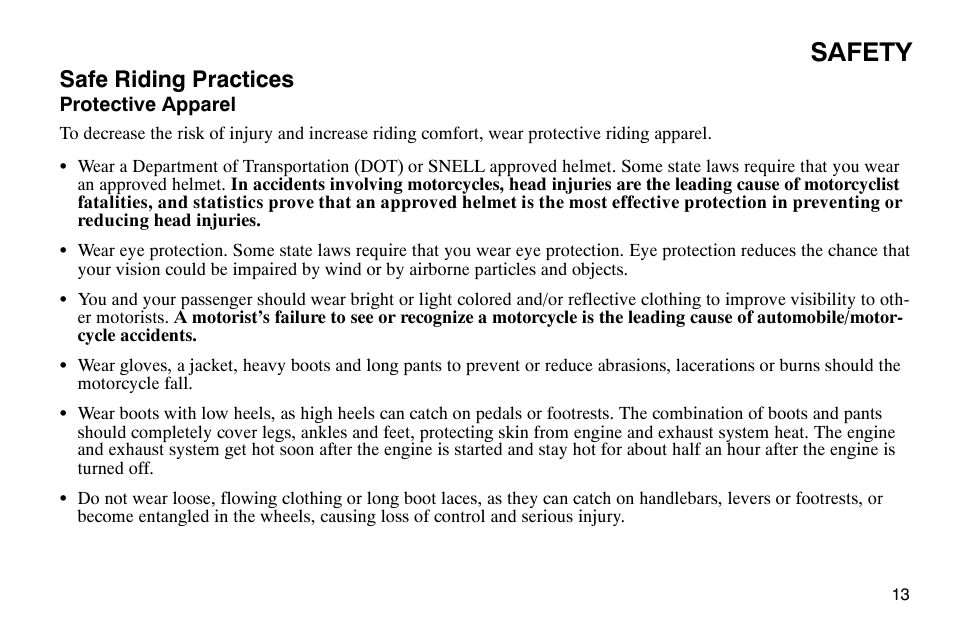 Safety, Safe riding practices | Polaris 2004 Victory Kingpin User Manual | Page 15 / 162