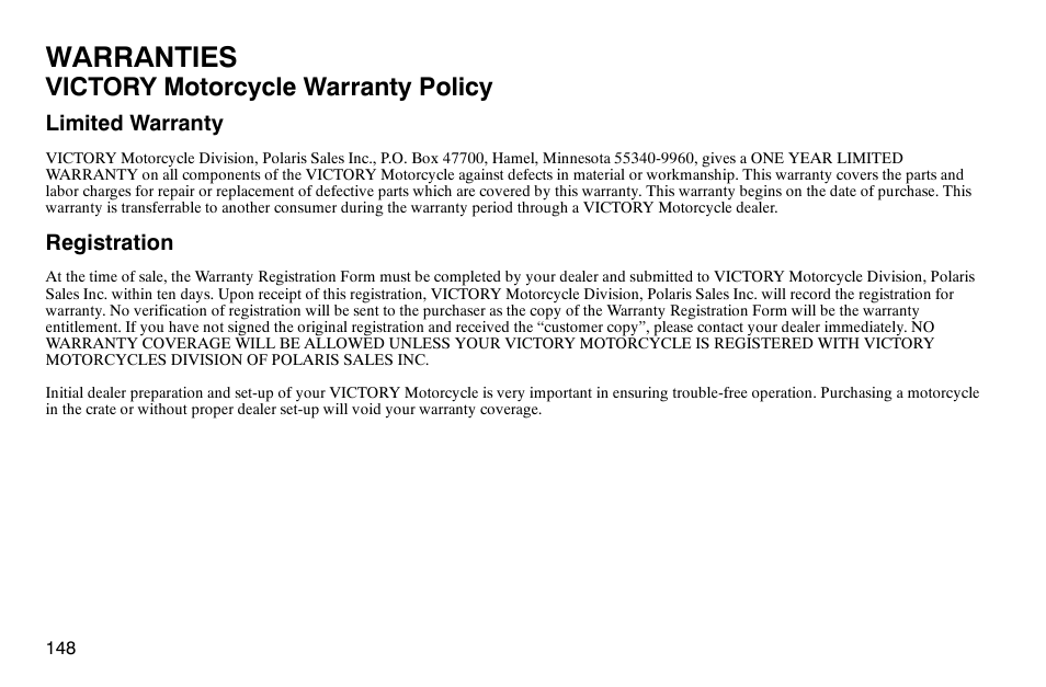 Warranties, Victory motorcycle warranty policy | Polaris 2004 Victory Kingpin User Manual | Page 150 / 162