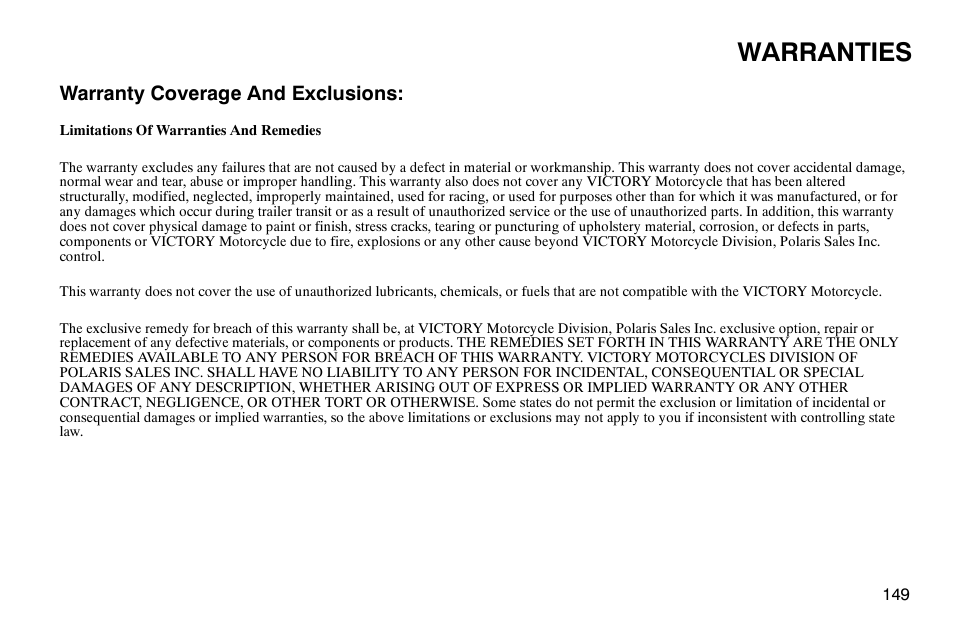 Warranties, Warranty coverage and exclusions | Polaris 2004 Victory Kingpin User Manual | Page 151 / 162