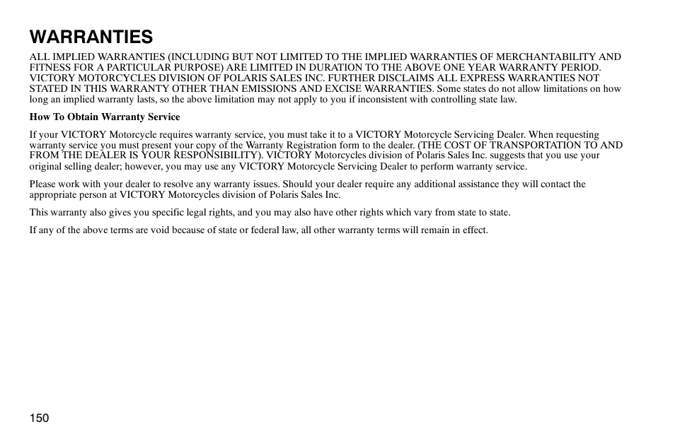 Warranties | Polaris 2004 Victory Kingpin User Manual | Page 152 / 162