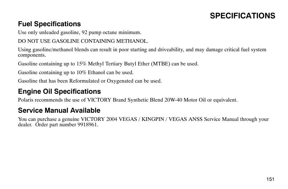 Specifications | Polaris 2004 Victory Kingpin User Manual | Page 153 / 162