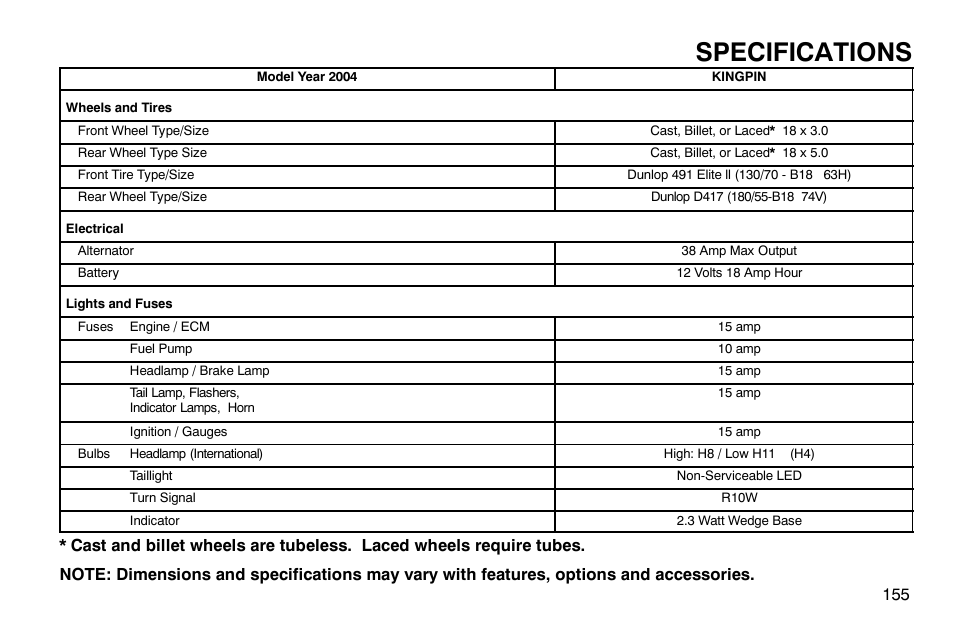 Specifications | Polaris 2004 Victory Kingpin User Manual | Page 157 / 162