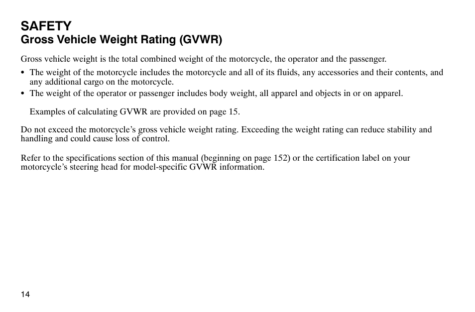 Safety, Gross vehicle weight rating (gvwr) | Polaris 2004 Victory Kingpin User Manual | Page 16 / 162