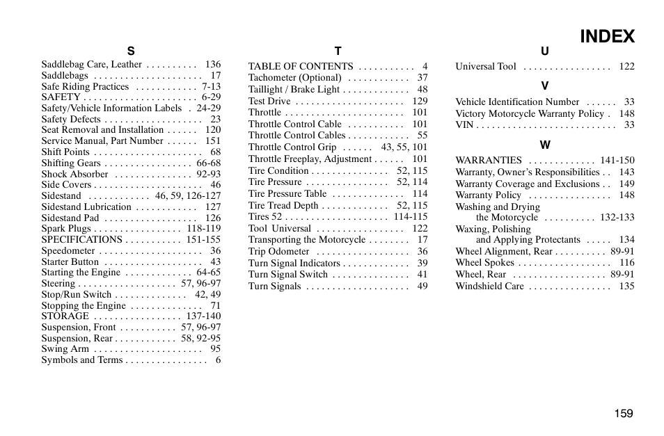 Index | Polaris 2004 Victory Kingpin User Manual | Page 161 / 162