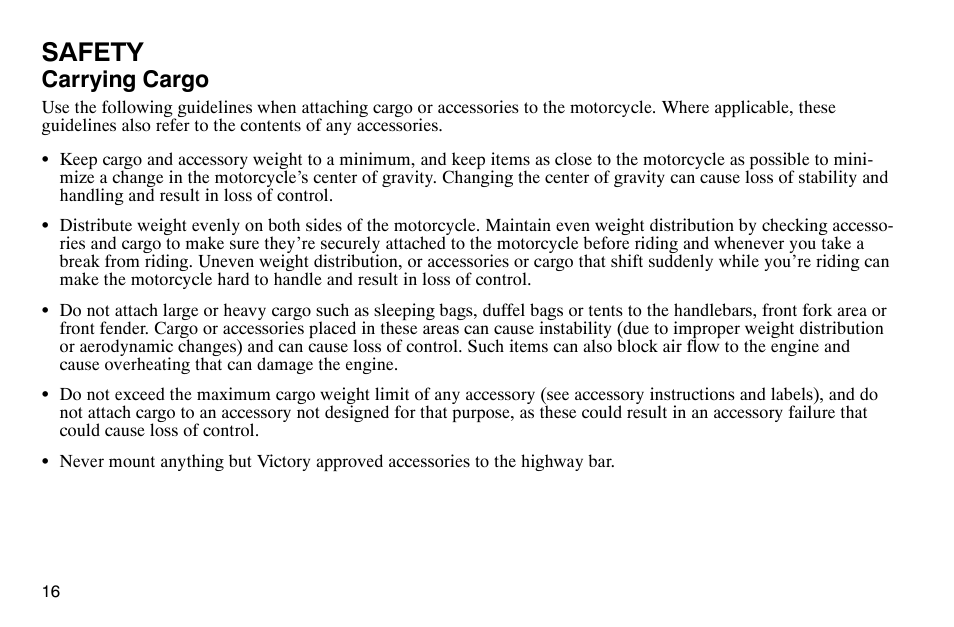 Safety, Carrying cargo | Polaris 2004 Victory Kingpin User Manual | Page 18 / 162