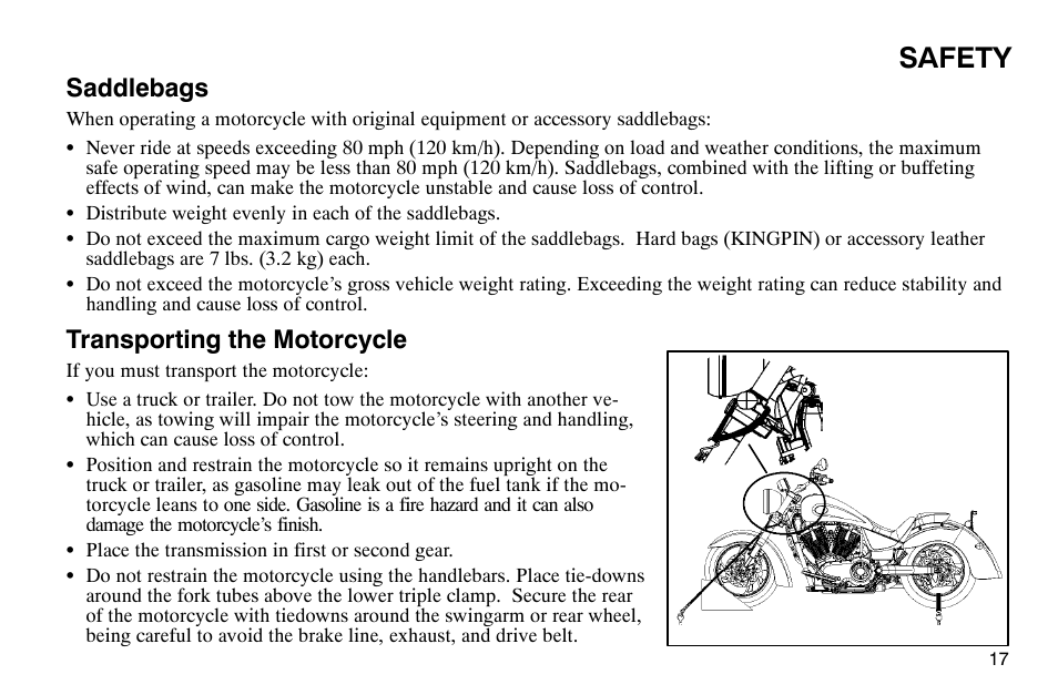 Safety, Saddlebags, Transporting the motorcycle | Polaris 2004 Victory Kingpin User Manual | Page 19 / 162