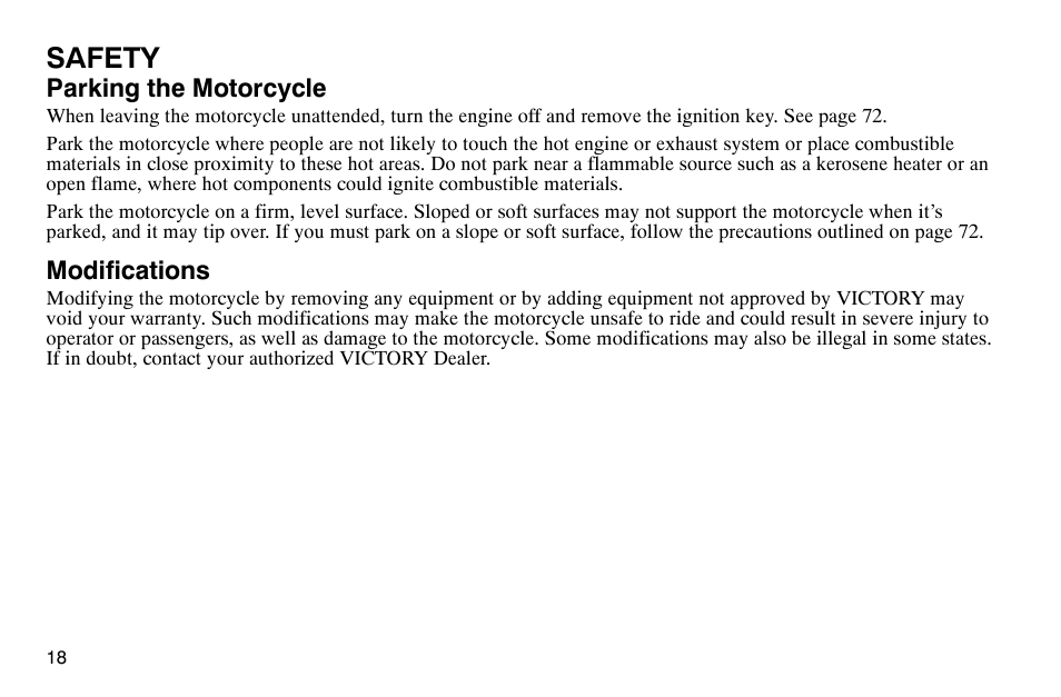 Safety, Parking the motorcycle, Modifications | Polaris 2004 Victory Kingpin User Manual | Page 20 / 162