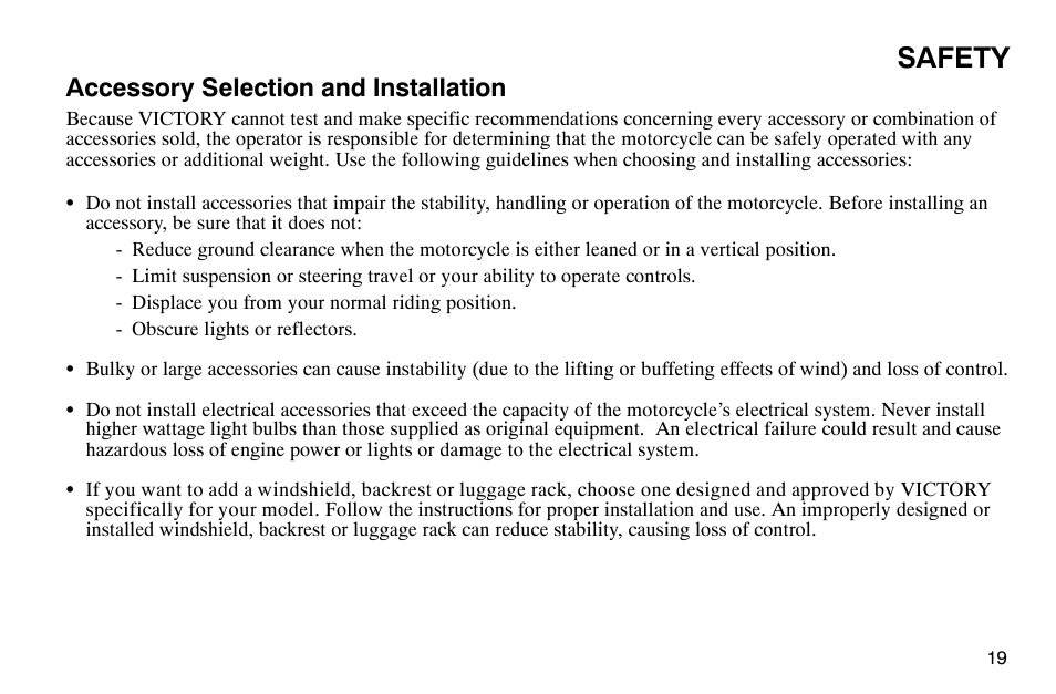 Safety, Accessory selection and installation | Polaris 2004 Victory Kingpin User Manual | Page 21 / 162