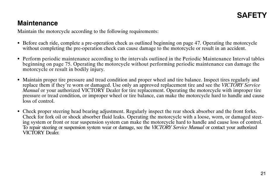 Safety, Maintenance | Polaris 2004 Victory Kingpin User Manual | Page 23 / 162