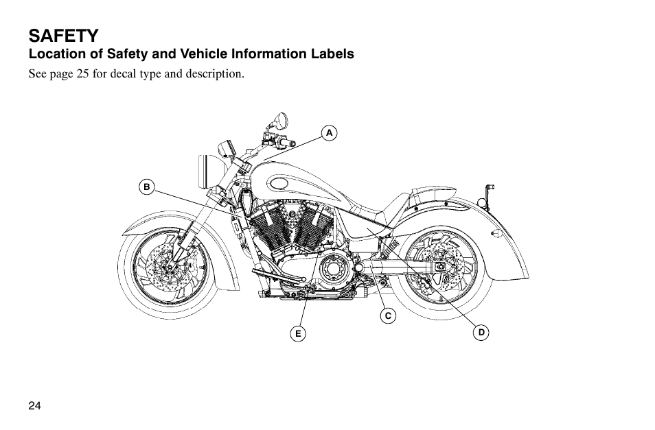 Safety, Location of safety and vehicle information labels | Polaris 2004 Victory Kingpin User Manual | Page 26 / 162