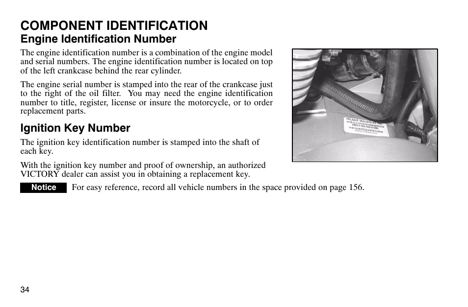 Component identification, Engine identification number, Ignition key number | Polaris 2004 Victory Kingpin User Manual | Page 36 / 162