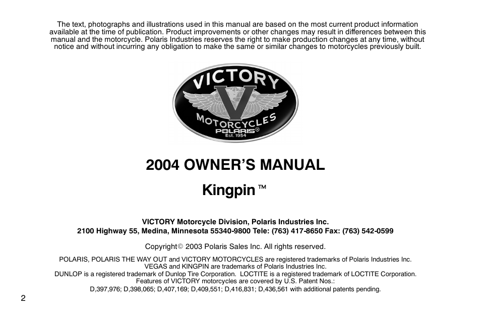 2004 owner’s manual kingpin t | Polaris 2004 Victory Kingpin User Manual | Page 4 / 162