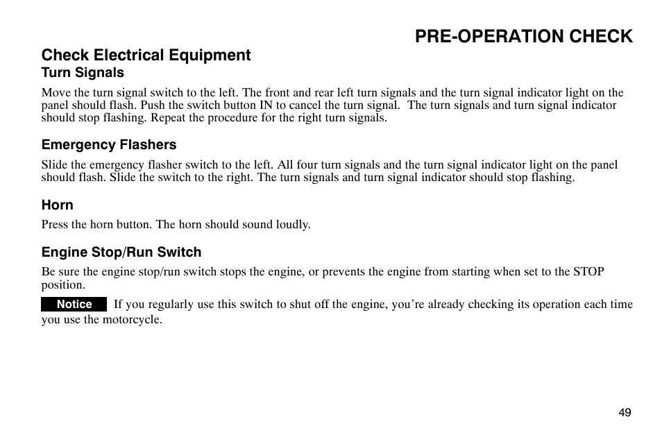 Pre-operation check, Check electrical equipment | Polaris 2004 Victory Kingpin User Manual | Page 51 / 162