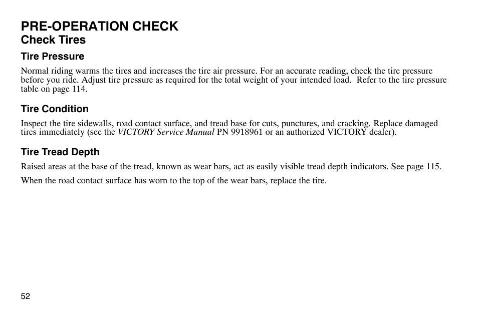 Pre-operation check, Check tires | Polaris 2004 Victory Kingpin User Manual | Page 54 / 162