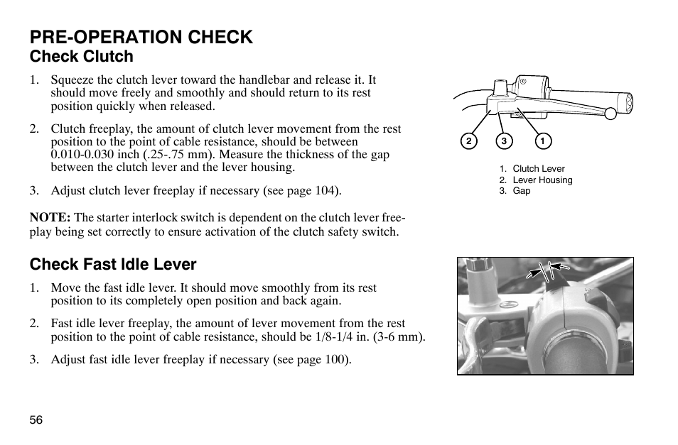 Pre-operation check, Check clutch, Check fast idle lever | Polaris 2004 Victory Kingpin User Manual | Page 58 / 162