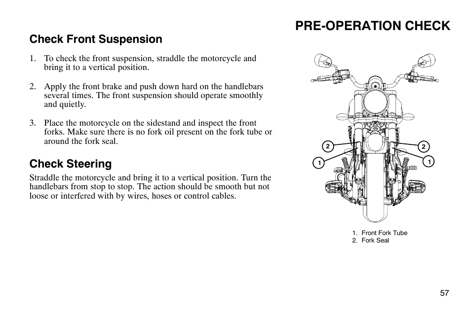 Pre-operation check, Check front suspension, Check steering | Polaris 2004 Victory Kingpin User Manual | Page 59 / 162