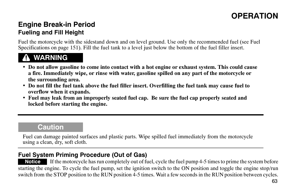 Operation, Engine break-in period, Warning | Caution | Polaris 2004 Victory Kingpin User Manual | Page 65 / 162