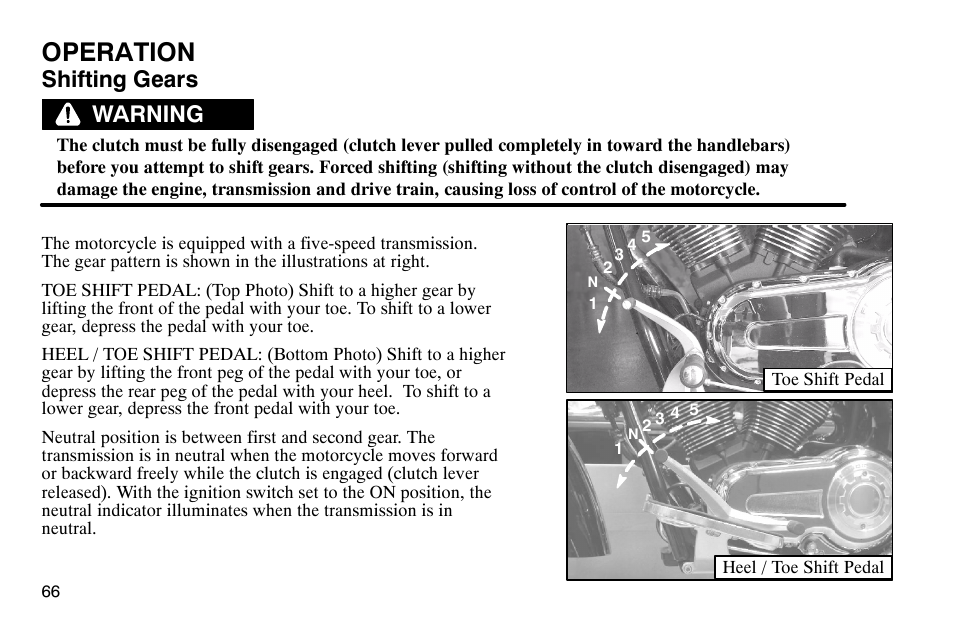 Operation, Shifting gears, Warning | Polaris 2004 Victory Kingpin User Manual | Page 68 / 162