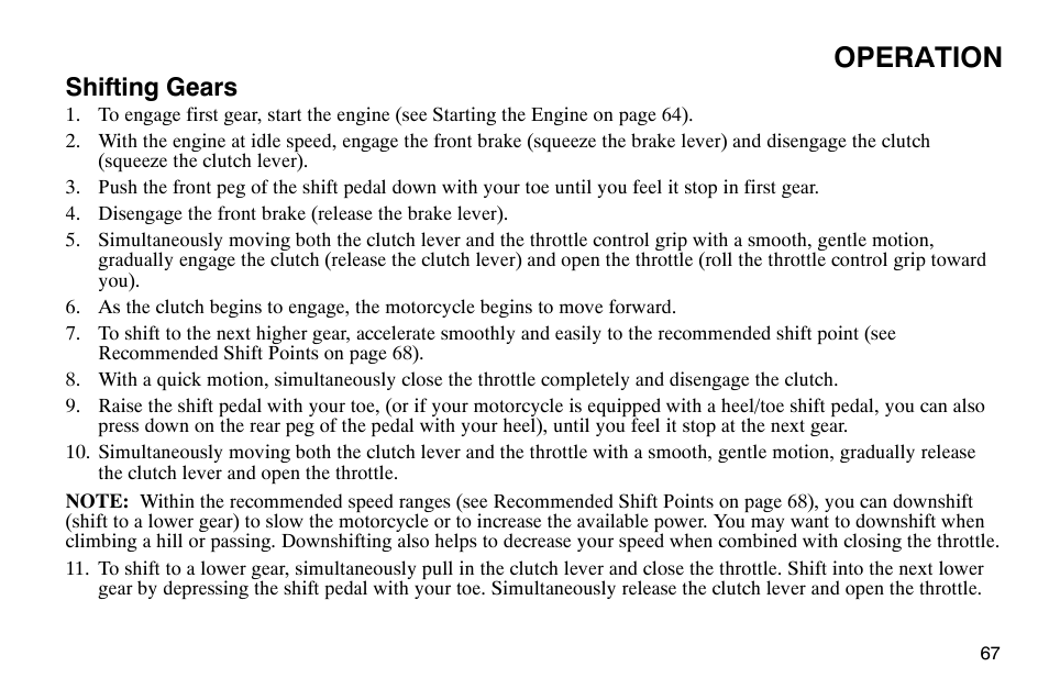 Operation, Shifting gears | Polaris 2004 Victory Kingpin User Manual | Page 69 / 162