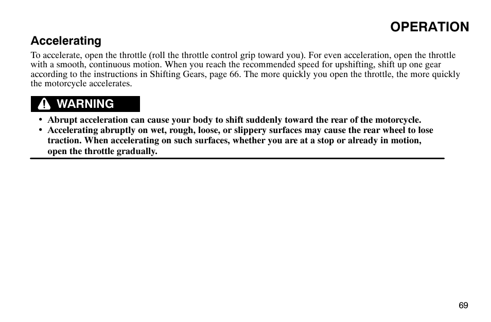 Operation, Accelerating, Warning | Polaris 2004 Victory Kingpin User Manual | Page 71 / 162