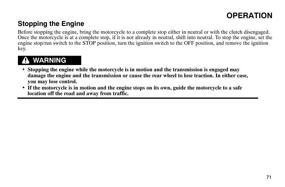 Operation, Stopping the engine, Warning | Polaris 2004 Victory Kingpin User Manual | Page 73 / 162