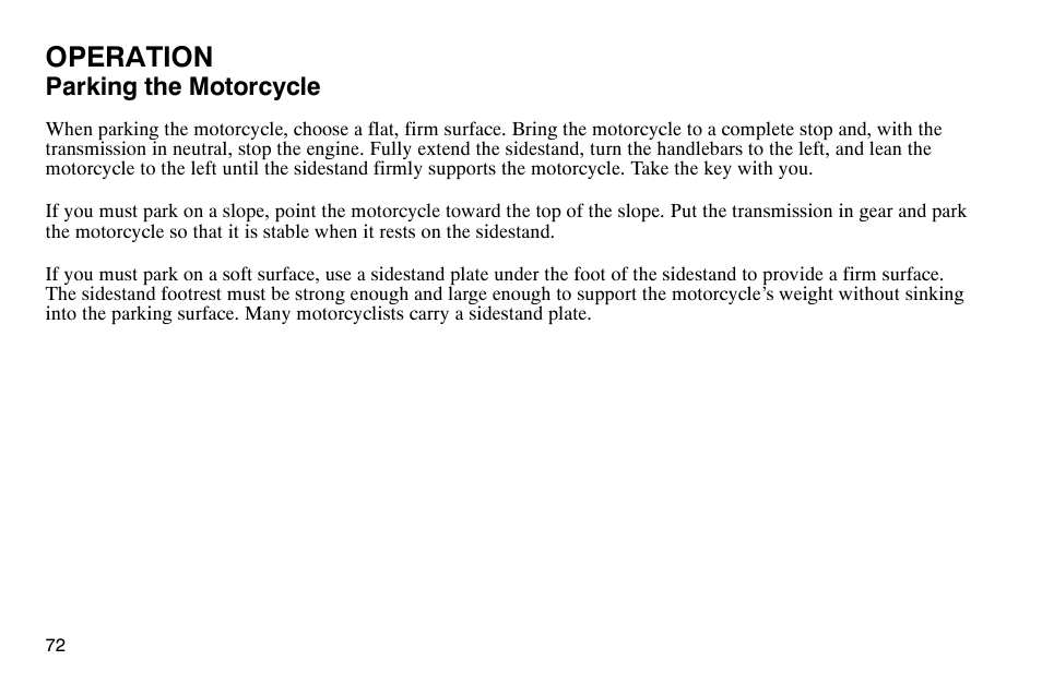 Operation, Parking the motorcycle | Polaris 2004 Victory Kingpin User Manual | Page 74 / 162