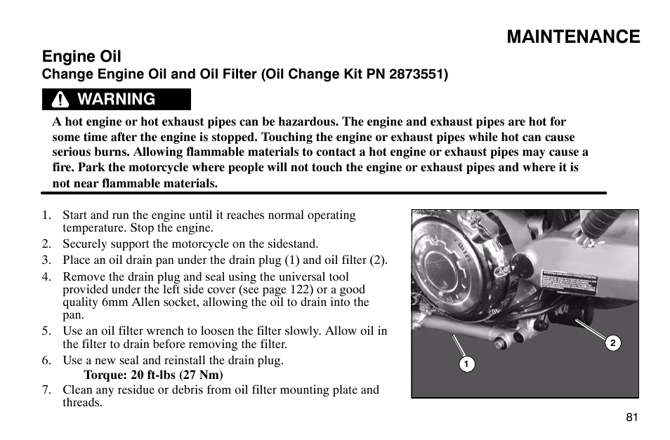 Maintenance, Engine oil, Warning | Polaris 2004 Victory Kingpin User Manual | Page 83 / 162