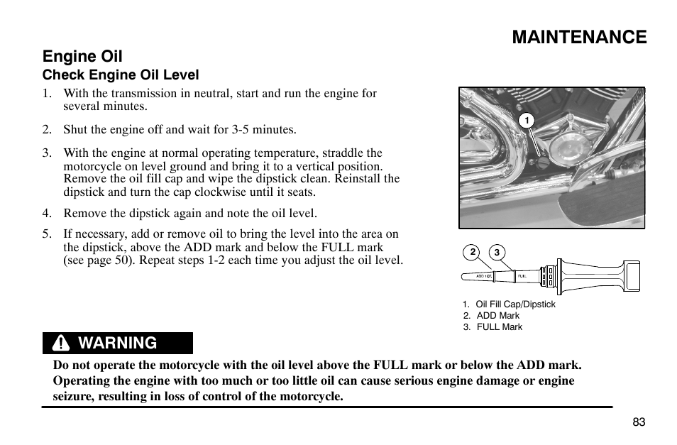 Maintenance, Engine oil, Warning | Polaris 2004 Victory Kingpin User Manual | Page 85 / 162