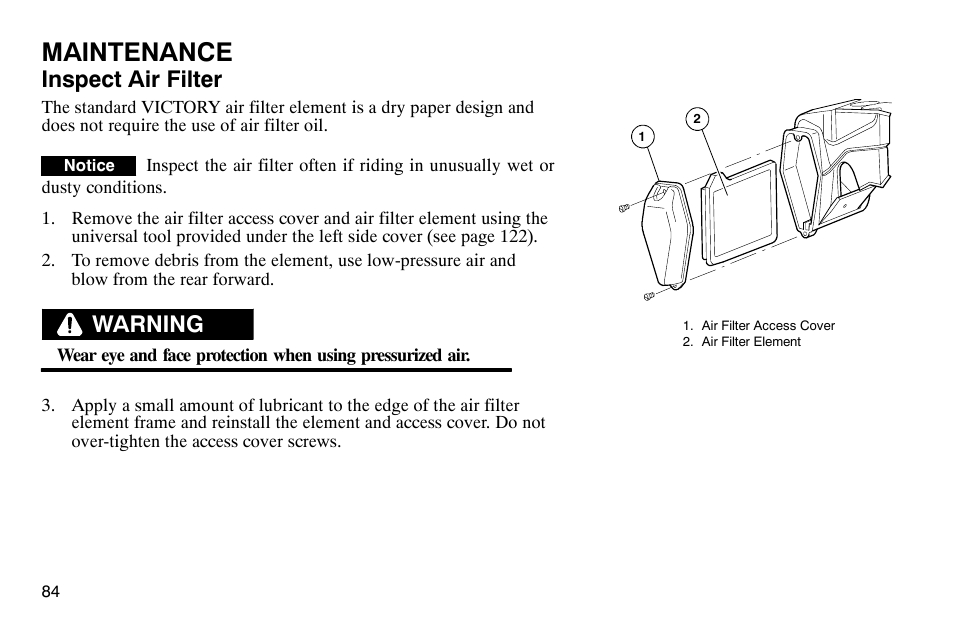 Maintenance, Inspect air filter, Warning | Polaris 2004 Victory Kingpin User Manual | Page 86 / 162