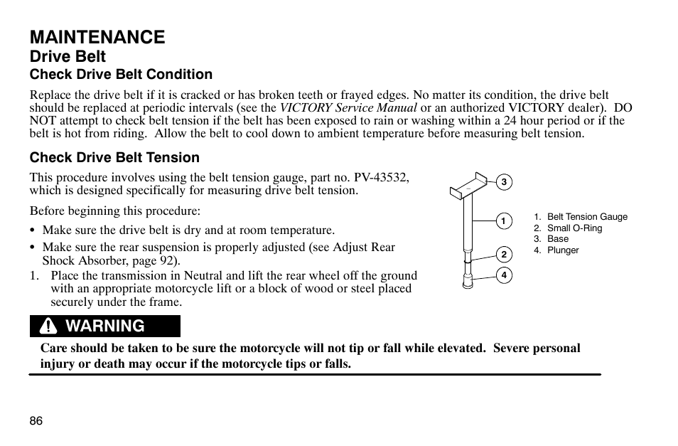 Maintenance, Drive belt, Warning | Polaris 2004 Victory Kingpin User Manual | Page 88 / 162