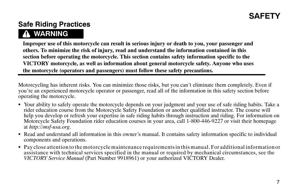 Safety, Safe riding practices, Warning | Polaris 2004 Victory Kingpin User Manual | Page 9 / 162