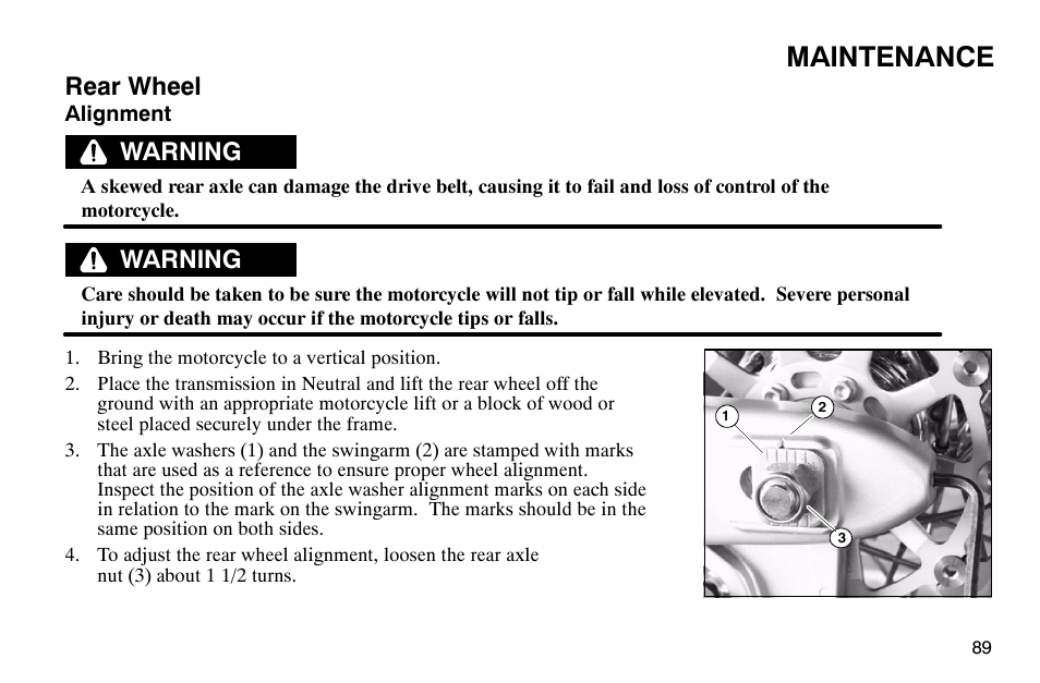 Maintenance, Rear wheel, Warning | Polaris 2004 Victory Kingpin User Manual | Page 91 / 162