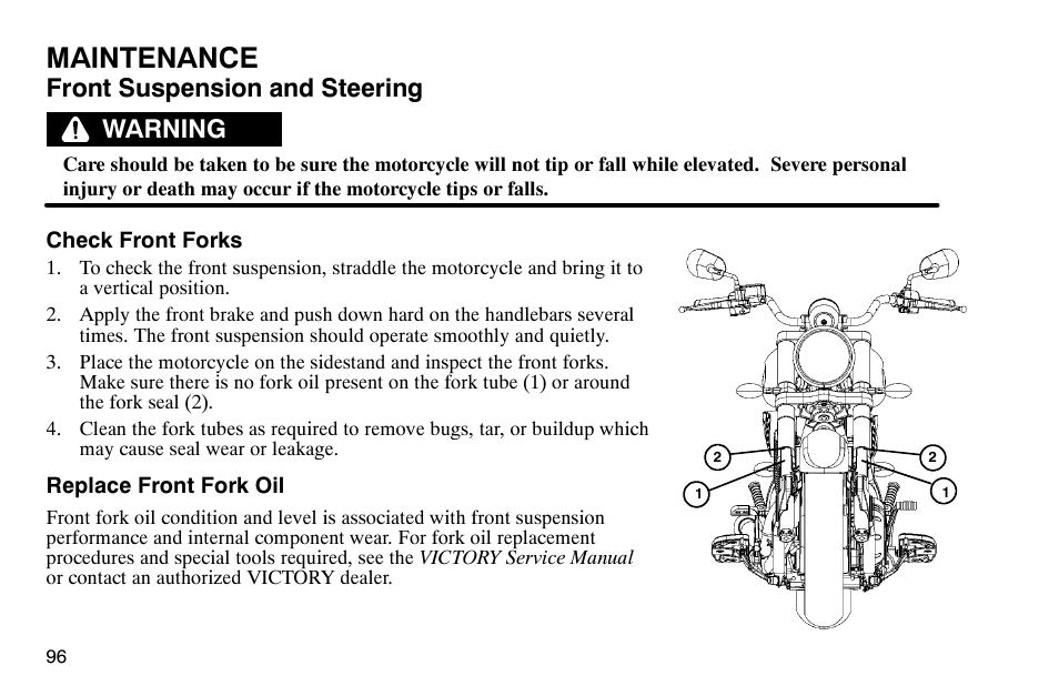 Maintenance, Front suspension and steering, Warning | Polaris 2004 Victory Kingpin User Manual | Page 98 / 162