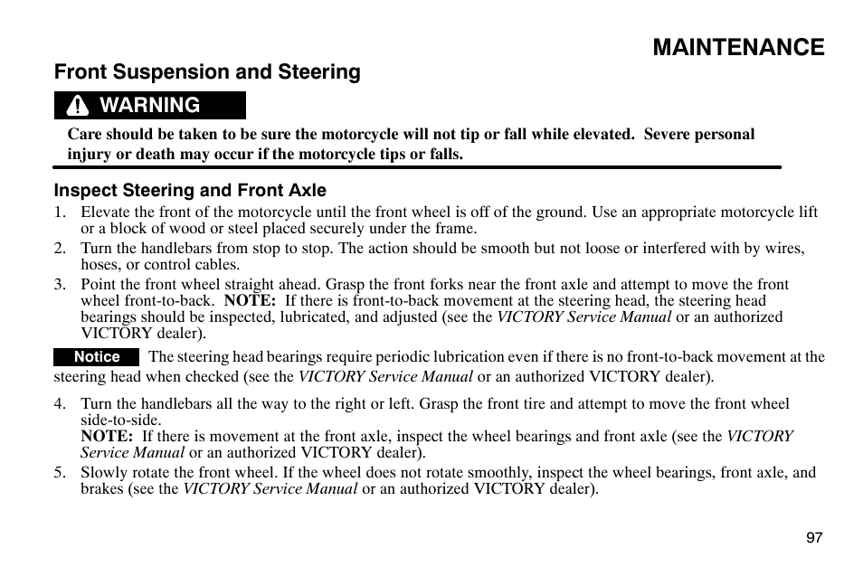 Maintenance, Front suspension and steering, Warning | Polaris 2004 Victory Kingpin User Manual | Page 99 / 162