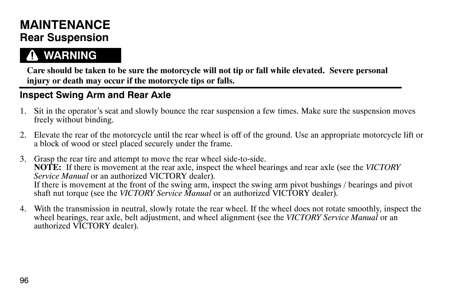 Maintenance, Rear suspension, Warning | Polaris 2007 Victory Hammer User Manual | Page 101 / 167