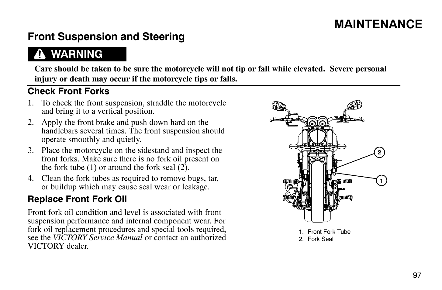 Maintenance, Front suspension and steering, Warning | Polaris 2007 Victory Hammer User Manual | Page 102 / 167