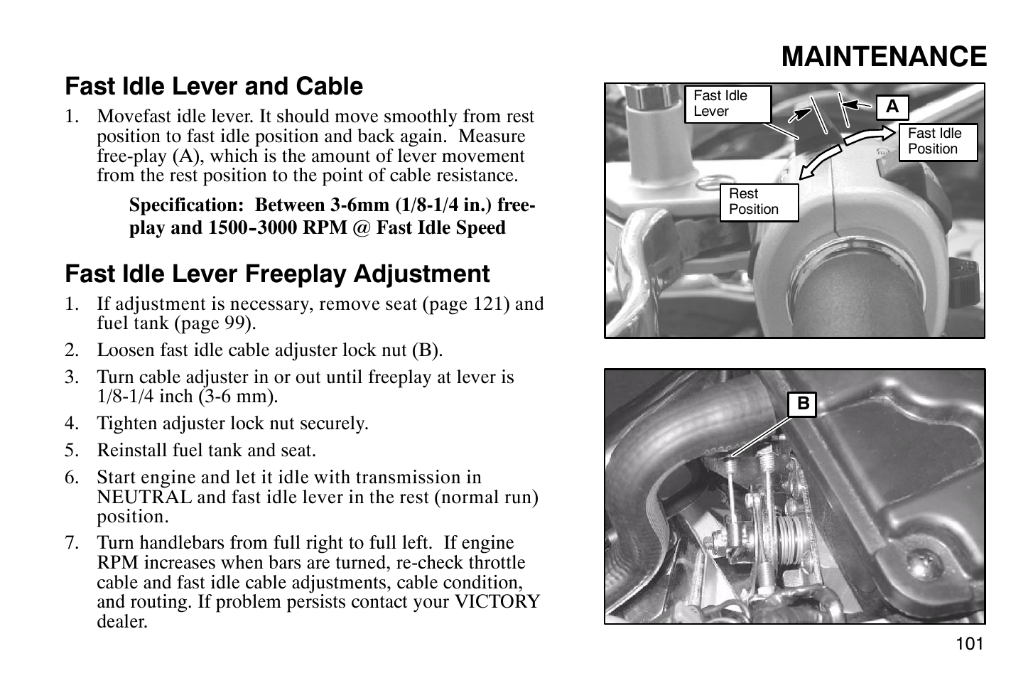 Maintenance, Fast idle lever and cable, Fast idle lever freeplay adjustment | Polaris 2007 Victory Hammer User Manual | Page 106 / 167