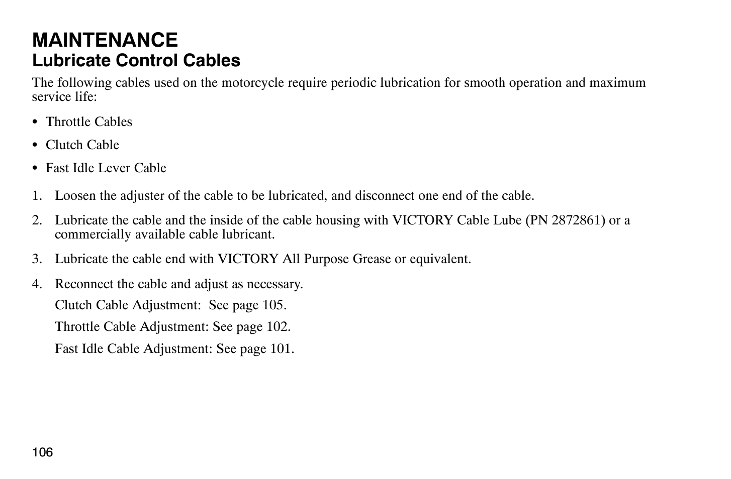 Maintenance, Lubricate control cables | Polaris 2007 Victory Hammer User Manual | Page 111 / 167