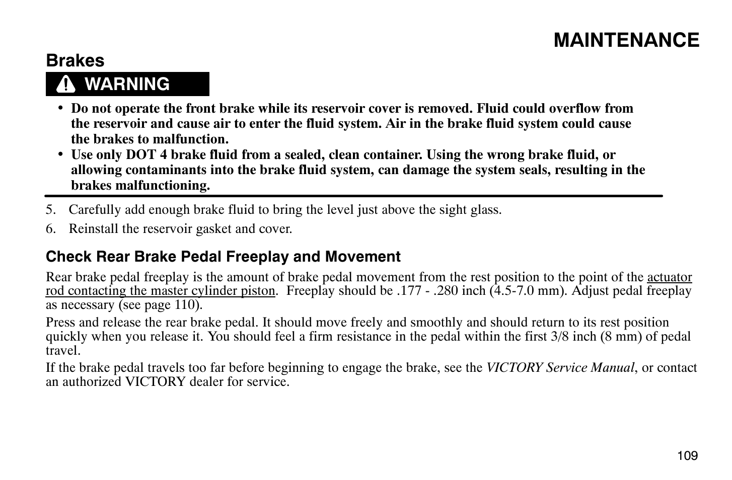 Maintenance, Brakes, Warning | Polaris 2007 Victory Hammer User Manual | Page 114 / 167