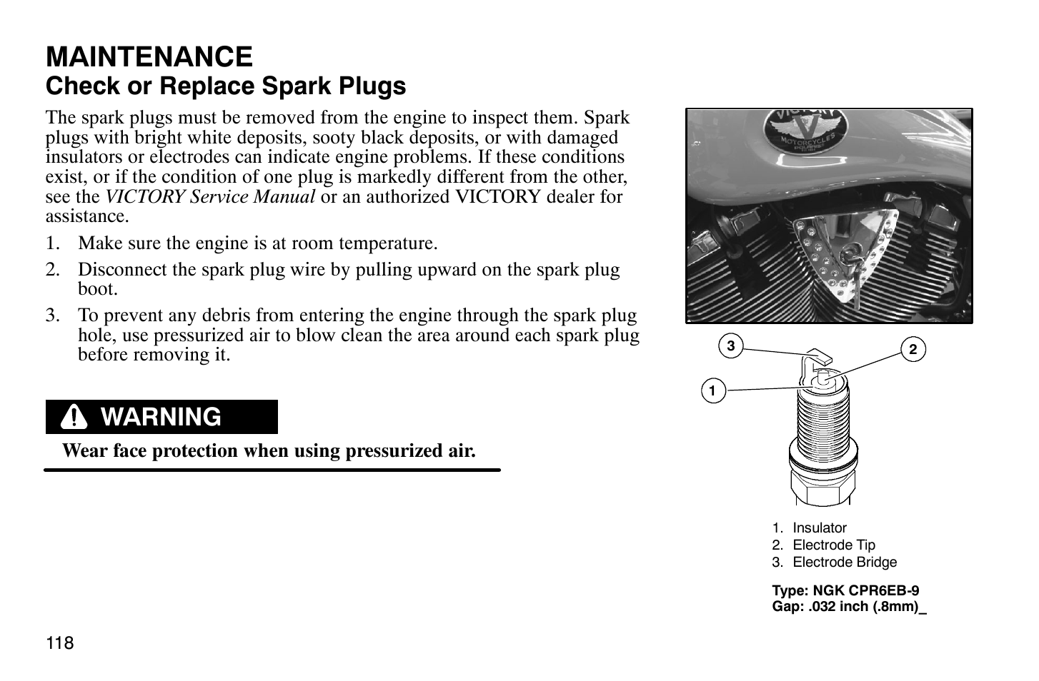 Maintenance, Check or replace spark plugs, Warning | Polaris 2007 Victory Hammer User Manual | Page 123 / 167