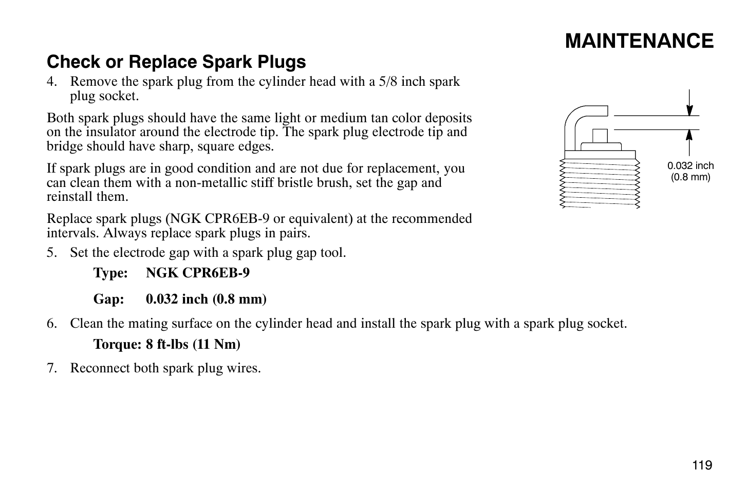 Maintenance, Check or replace spark plugs | Polaris 2007 Victory Hammer User Manual | Page 124 / 167