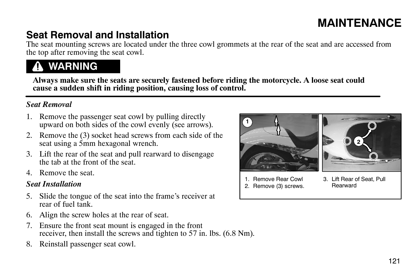 Maintenance, Seat removal and installation, Warning | Polaris 2007 Victory Hammer User Manual | Page 126 / 167