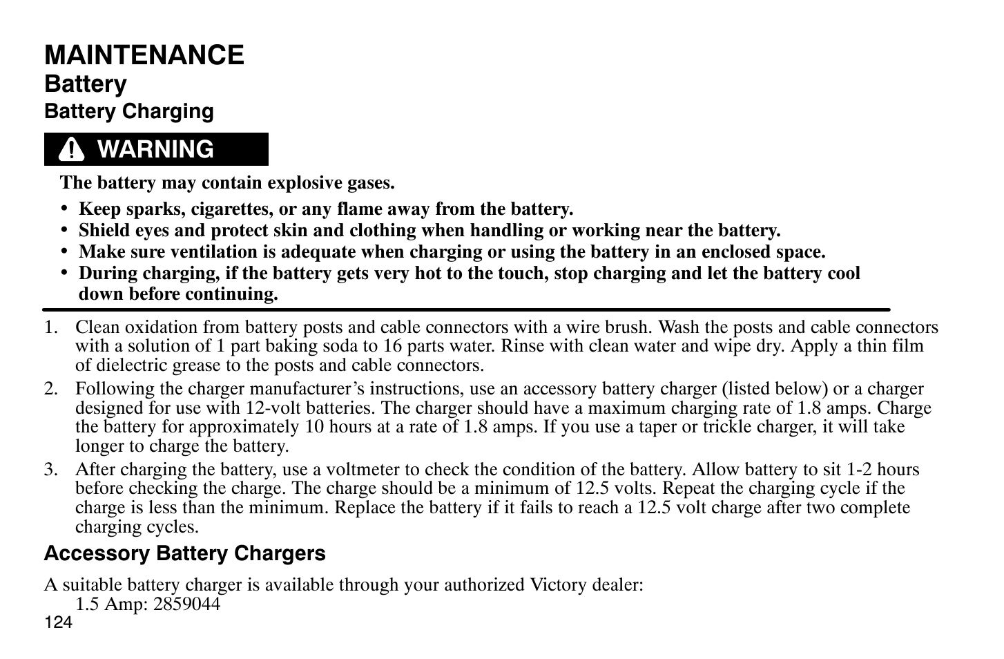 Maintenance, Battery, Warning | Polaris 2007 Victory Hammer User Manual | Page 129 / 167