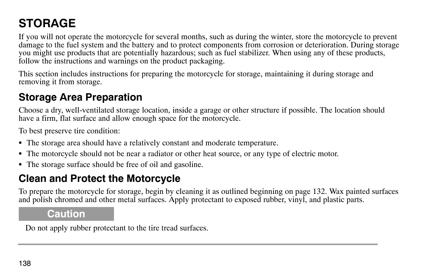 Storage, Storage area preparation, Clean and protect the motorcycle | Caution | Polaris 2007 Victory Hammer User Manual | Page 143 / 167