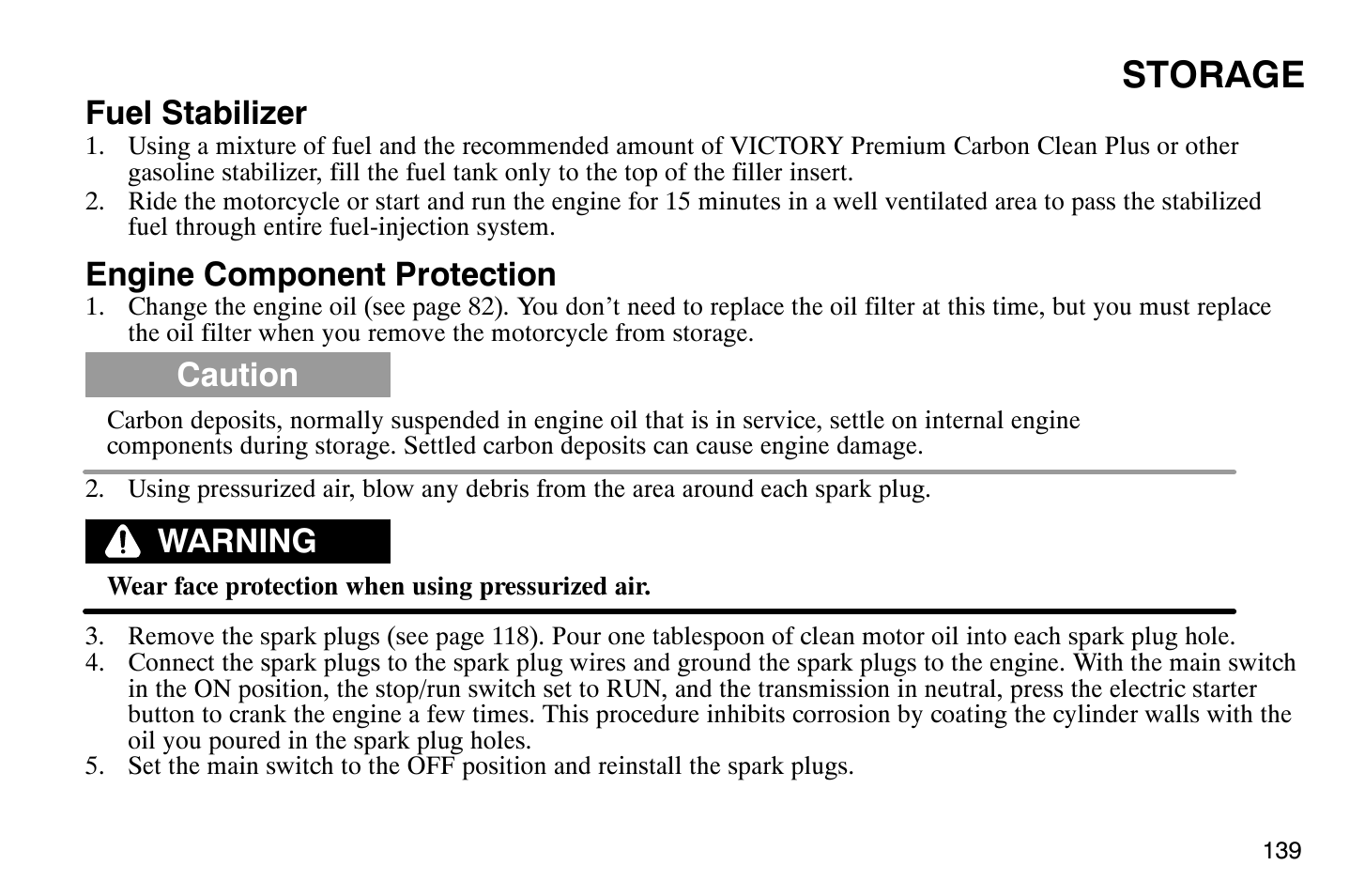 Storage, Fuel stabilizer, Engine component protection | Caution, Warning | Polaris 2007 Victory Hammer User Manual | Page 144 / 167